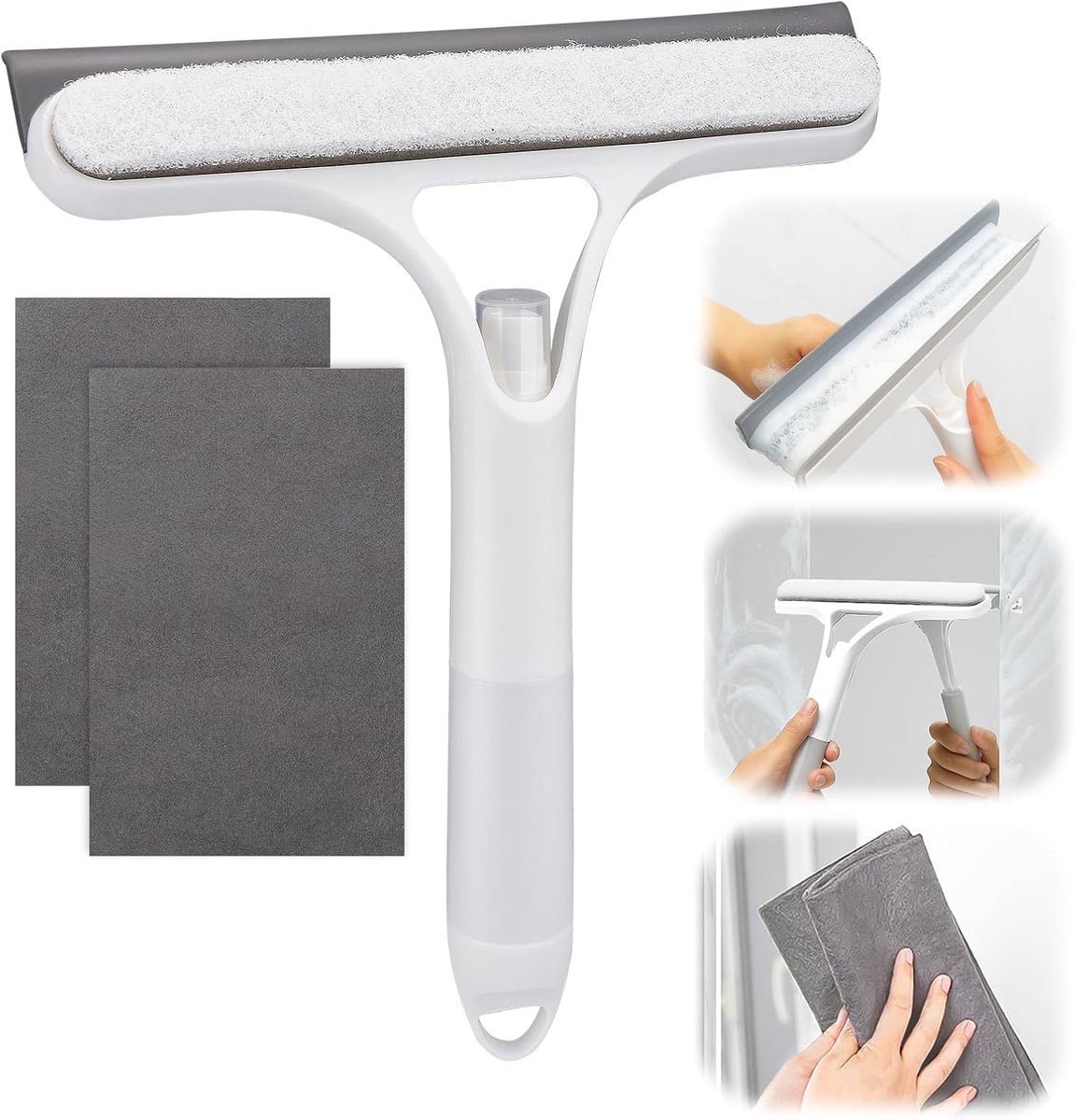 4 in 1 Raamtrekker en Inwasser - Raamwisser met Sproeifunctie en Spuitfles - 21.5cm Siliconen Watertrekker - Met 2 Verdikte Microvezeldoek - Raamwasser en Trekker voor Doucheglas, Spiegels, Auto's - Multifunctioneel Raamreinigingshulpmiddel -SOLLBRY®
