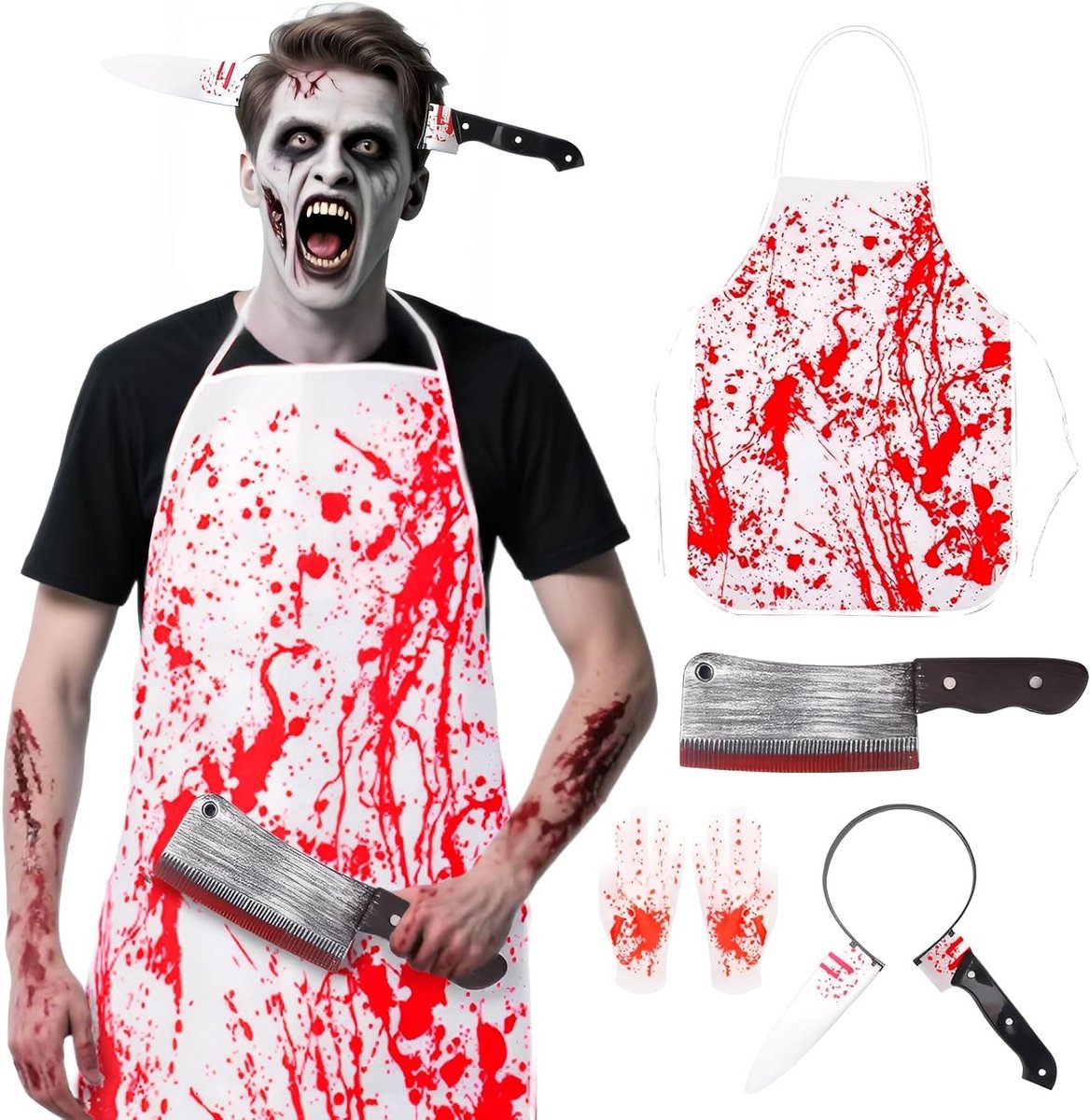 Halloween Slagerskostuum met Bloedige Schort en Haarband - Horror Outfit voor Mannen, Perfect voor Feestjes en Verkleedpartijen