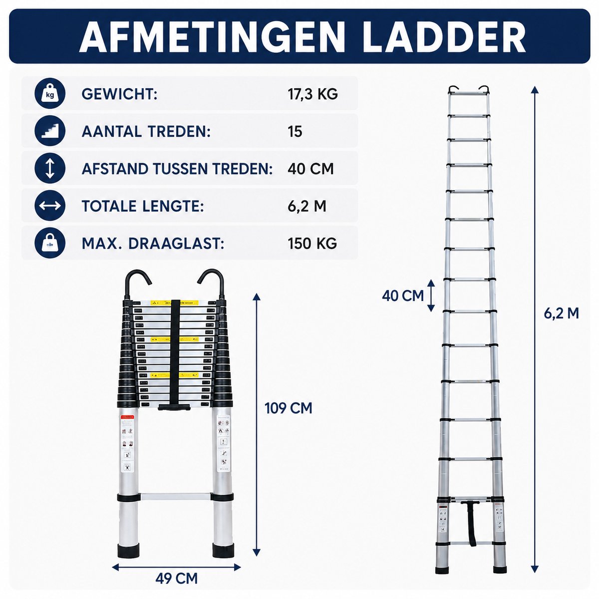 Rolu Telescoopladder – Uitschuifbare Ladder – 6.2 Meter – Makkelijk Opruimbaar – Max 150kg – Aluminium – foto 6