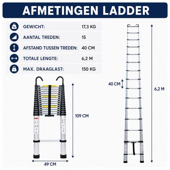 Afmetingen van de uitgeschoven en ingeklapte aluminium telescopische ladder, inclusief gewicht en draaglast.