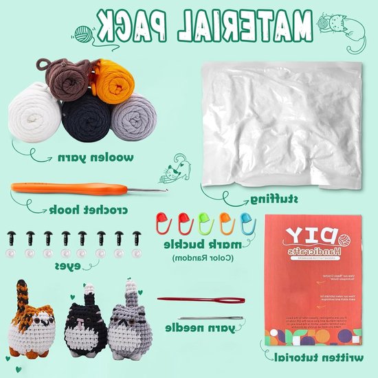 Haakset voor Beginners - Compleet Amigurumi Haakpakket met Instructies voor Starters, Perfect voor Kattenliefhebbers en Creatieve Projecten van Merkloos — afbeelding 5