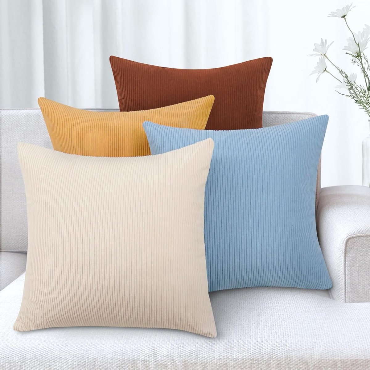 Moderne Corduroy Kussenhoezen, Decoratieve Kussenhoezen voor Bank en Bed, Duurzaam en Onderhoudsvriendelijk (Geel Blauw, 40x40cm, Set van 4)