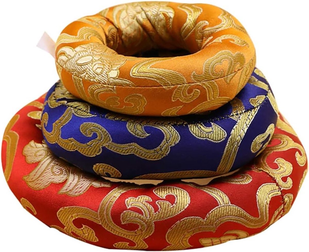 Tibetaanse Klankschalen Set van 3 met Kussen en Ring - Boeddhistische Rituele Instrumenten, 8/10/12 cm, Meditatie en Ontspanning