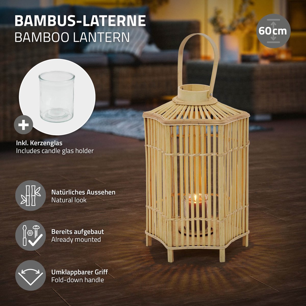 ECD Germany bamboe lantaarn, decoratieve houten windlicht serie, grote kaarsenhouder van 60 cm hoog, luxe houtlook met glas en handvat, sfeervolle boho tuinlantaarn gevlochten stijl, moderne decoratie voor binnen buiten balkon terras en woonkamer — cadeau in Wonen & Interieur - foto 6