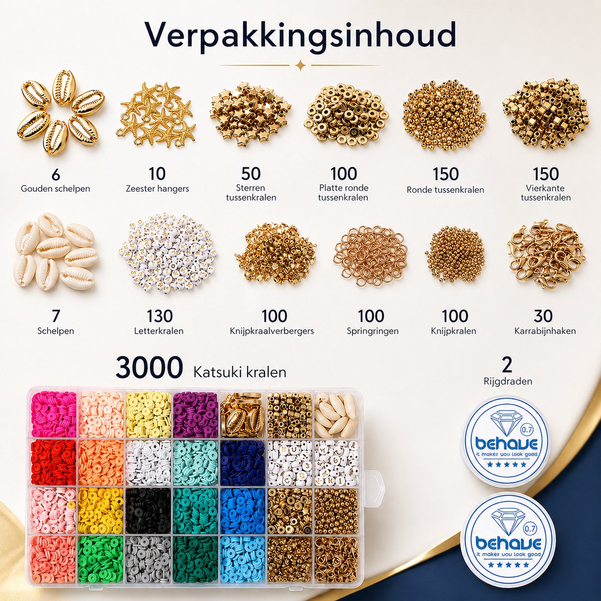 Behave Premium Katsuki Kralen Set - Knutselen Meisjes - Polymeer kralen - Kralenset - Platte kralen - Goudkleurig - Bedels - 28 Vakjes - 19 Kleuren - 6mm - Veel accessoires — afbeelding 3
