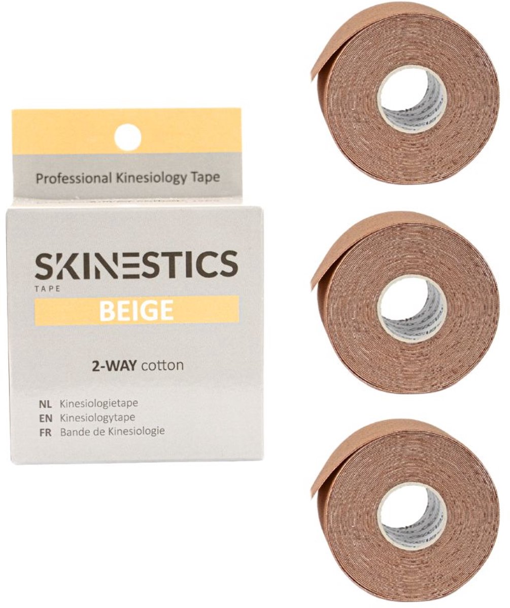 Triple pack Skinestics Sport tape – Fysio tape – Kleur Beige – nu 20% langer, 600 cm lang bij 5 cm breed, 170% rekbaar gelijk aan menselijke huid, standaard voorzien van extra sterke lijm, katoen, voor het hele lichaam, spier ondersteuning