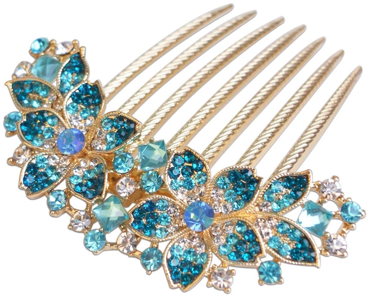 JeiibrZui Dames Haar Kam Met Bloemen En Strass - 9,7 X 9,3 Cm - 1 Stuk - Blauw - Bruidsjurk Accessoire Voor Feesten