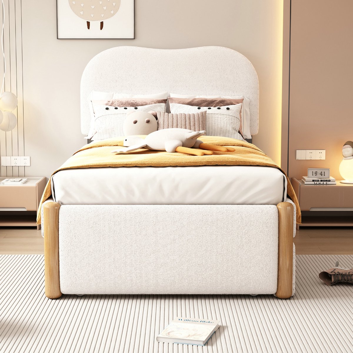 VVBV Eenpersoonsbed 90x200 / Bedframe 90x200 – Gestoffeerd Bed met Uitschuifbaar Rolbed en Lattenbodem – Minimalistisch Design – Wit