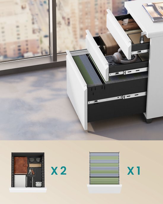 Witte rolcontainer met geopende laden, met dossiers, koptelefoon en brillen. Illustraties tonen dossiers en kantoorspullen.