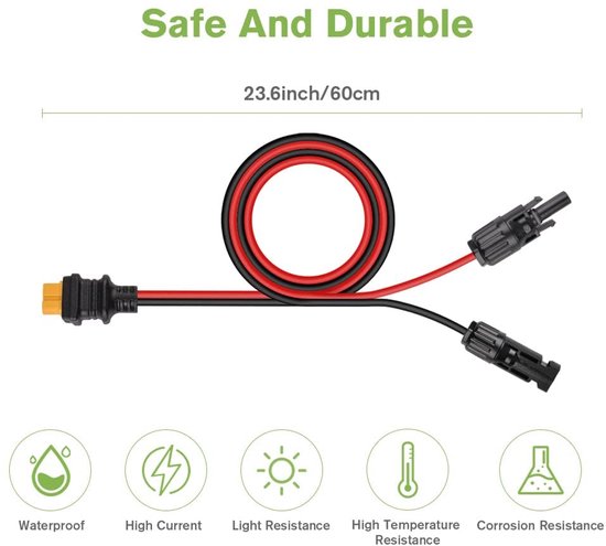 Solar Oplaadkabel Solar Connector naar XT60 Adapter, 12AWG Solar Panel Cable Kit Solar Connector Waterdichte Solar Cable Extension voor Portable Power Station en Solar Generator (50CM) — afbeelding 4