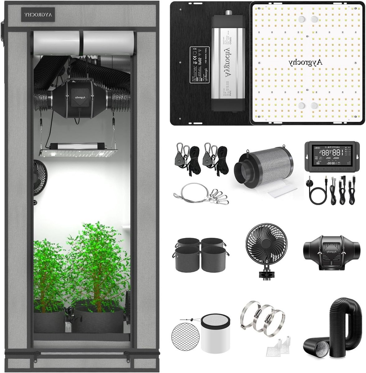Complete kweektent met geïntegreerde centrale controller en LED-groeilamp, 60 x 60 x 160 cm, hoogreflecterend PEVA, complete set voor optimale groei.