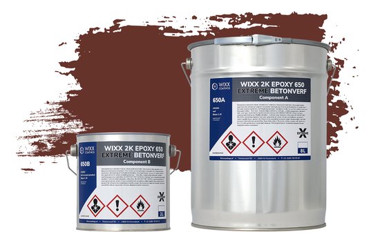 Deux boîtes de peinture. Une grande boîte avec le texte "WIXX 2K EPOXY 650 EXTREME BETONVERF Component A 650A" et une petite boîte avec le texte "WIXX 2K EPOXY 650 EXTREME BETONVERF Component B 650B".