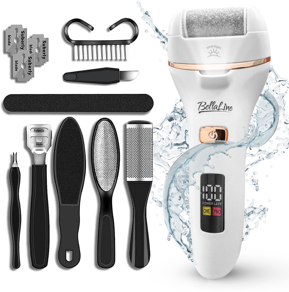 BellaLine – Elektrische Eeltverwijderaar – Wit goud – Oplaadbare Voetschraper – LED Licht – 2 Snelheden – Eeltvijl & Elektrische Voetvijl – Callus Remover – Pedicure Apparaat – Wet & Dry – Inclusief Pedicure Set – Professionele Eeltverwijdering