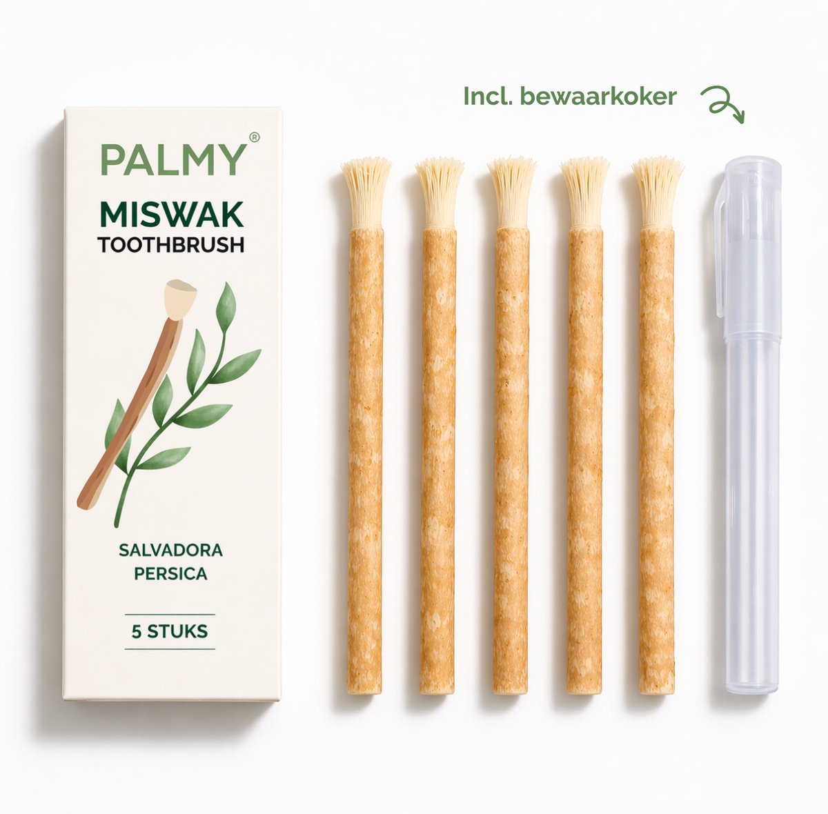PALMY® Miswak Toothbrush Incl. Bewaarkoker (5 stuks) – Siwak – Natuurlijke Tandenborstel – Biologisch & Fluoridevrij – Antibacterieel – Tandverzorging – Mondverzorging Zonder Tandpasta – Siwaak – Vegan