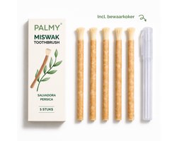PALMY® Miswak Toothbrush Incl. Bewaarkoker (5 stuks) – Siwak – Natuurlijke Tandenborstel – Biologisch & Fluoridevrij – Antibacterieel – Tandverzorging – Mondverzorging Zonder Tandpasta – Siwaak – Vegan