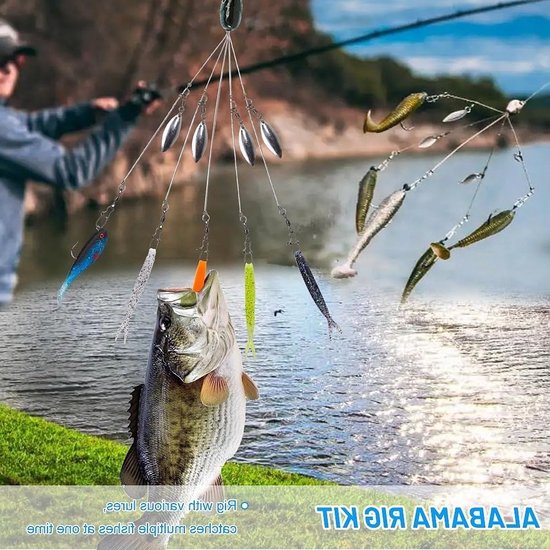 5-arm multi-aas rig voor roofvissen, complete set met jigkoppen, haken en swimbaits voor snoekbaars, snoek en baars in zoet en zout water — afbeelding 2