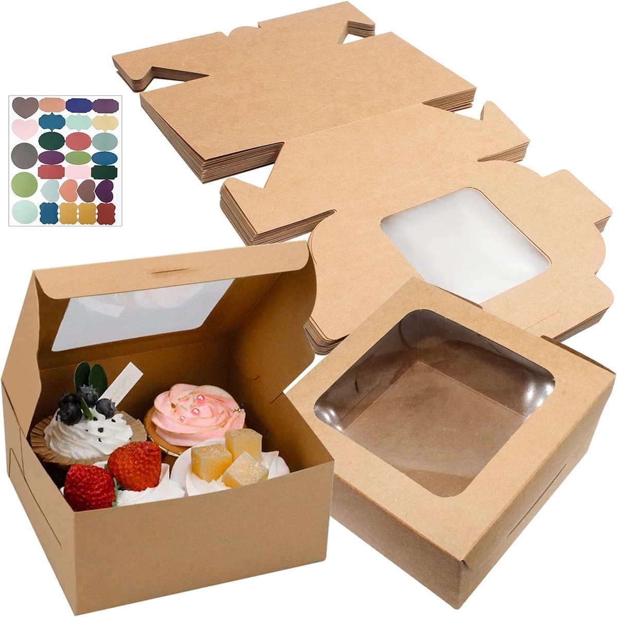 Allecto plus - 24 stuks Cupcake-dozen van kraftpapier met venster en stickers - Geschikt voor cupcakes en andere lekkernijen