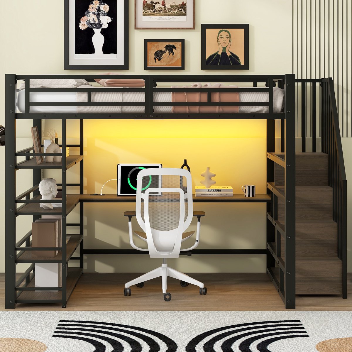 Zubaliya Hoogslaper - 140x200 cm Zwart - Met bureau en opbergtrap - LED verlichting Bluetooth en USB aansluiting