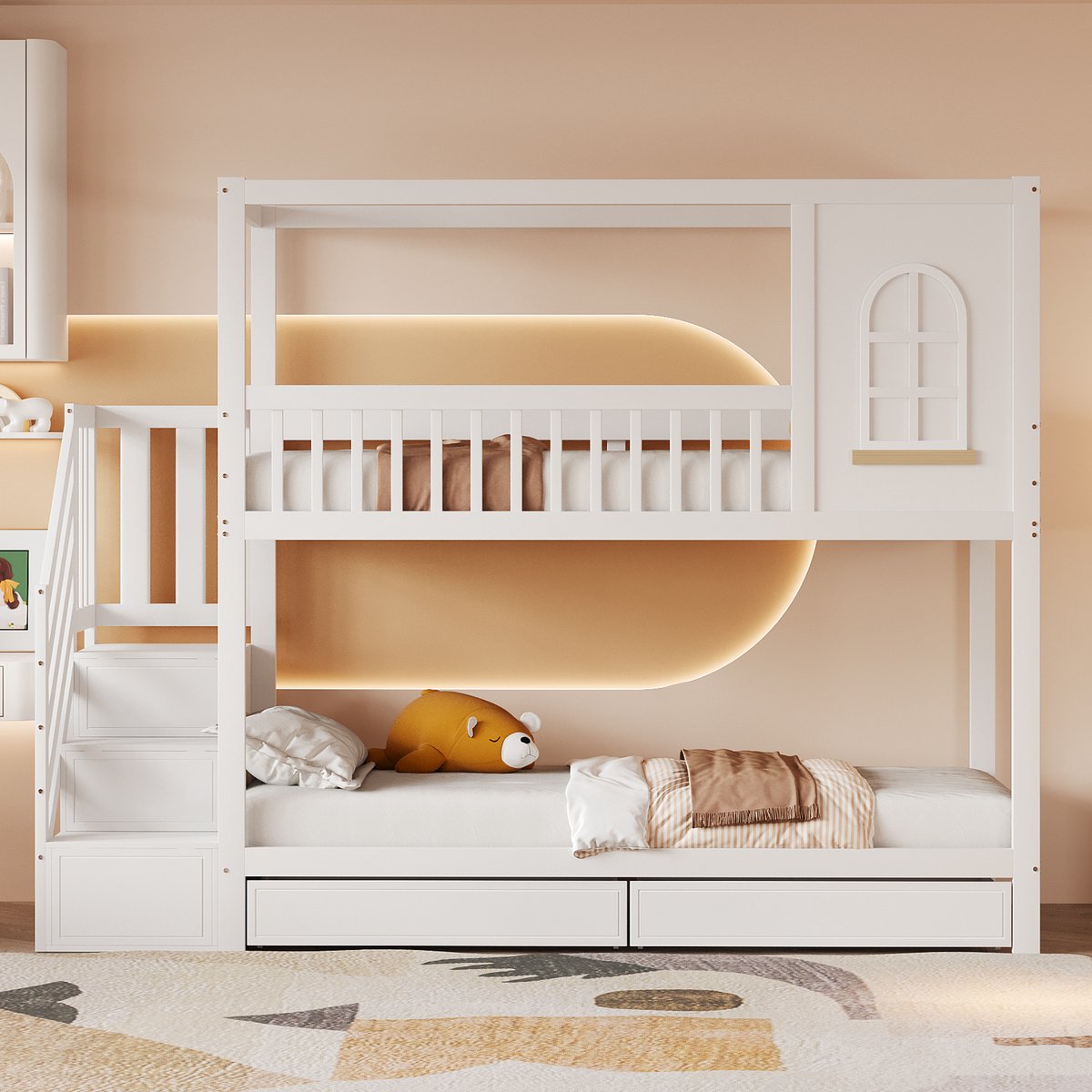 VVBV Stapelbed 90x200 – Kinderstapelbed met Opbergruimte, Lades en Veiligheidshek – Massief Hout – Wit – Huisdesign met Dak – Voor Kinderen en Tieners White