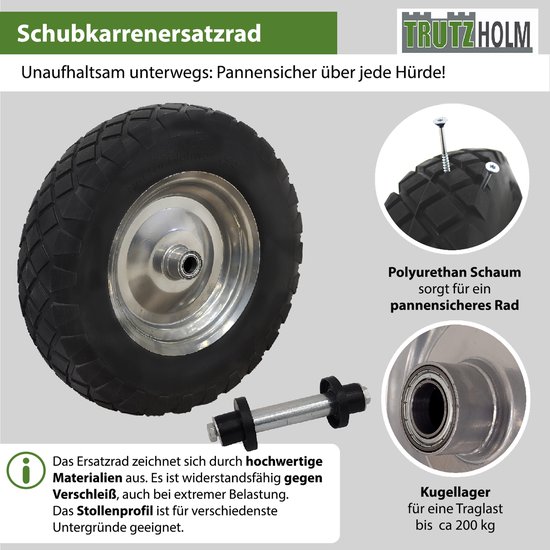 Stevig lekvrij kruiwagenwiel 4.80/4.00-8 grijs/zwart + as Reservewiel Band PU — afbeelding 4