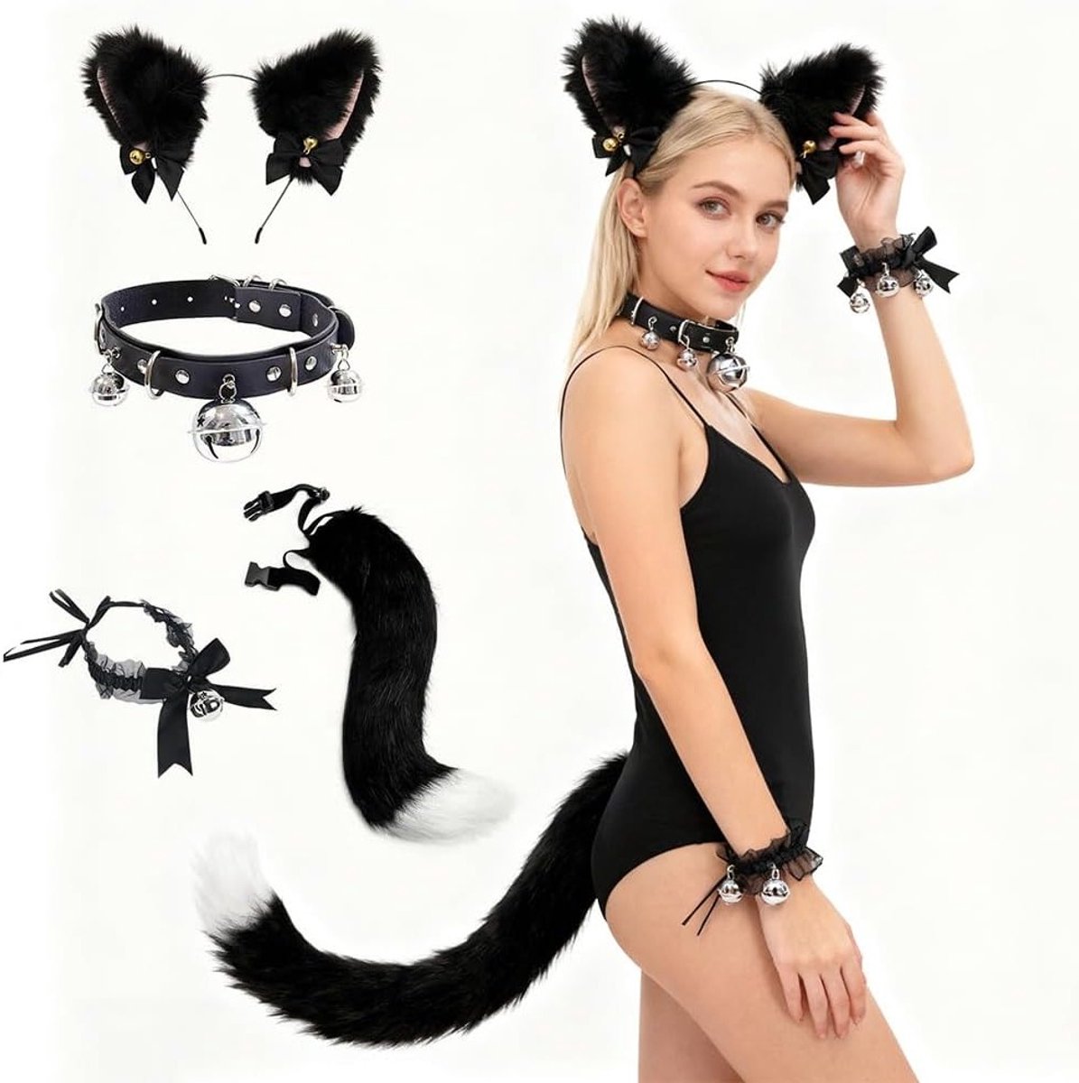 Vrouwelijk kattenkostuum met 4 delen - Zwart kattenkostuum met haarband, staart en kraag voor carnaval, feestjes en Halloween cosplay
