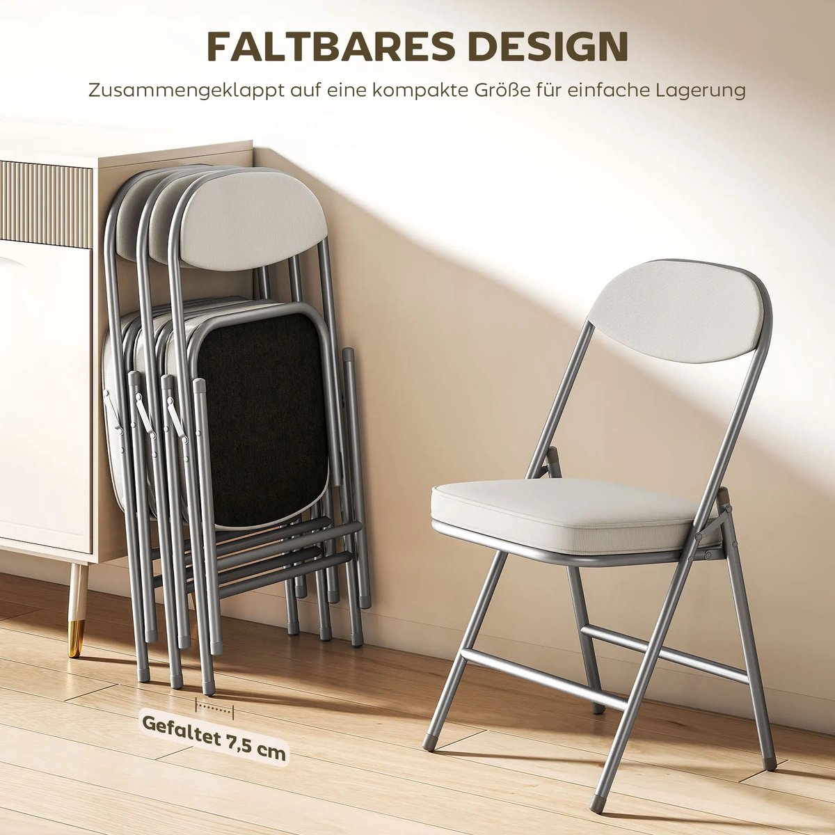 Homcom Klapstoel-Polyester Staal-48 5L X 45W x 82H cm-Crèmewit-set van 4