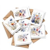 Een set van zes wenskaarten met diverse aquarel bloemenontwerpen, met o.a. blauwe, rode en gele bloemen.