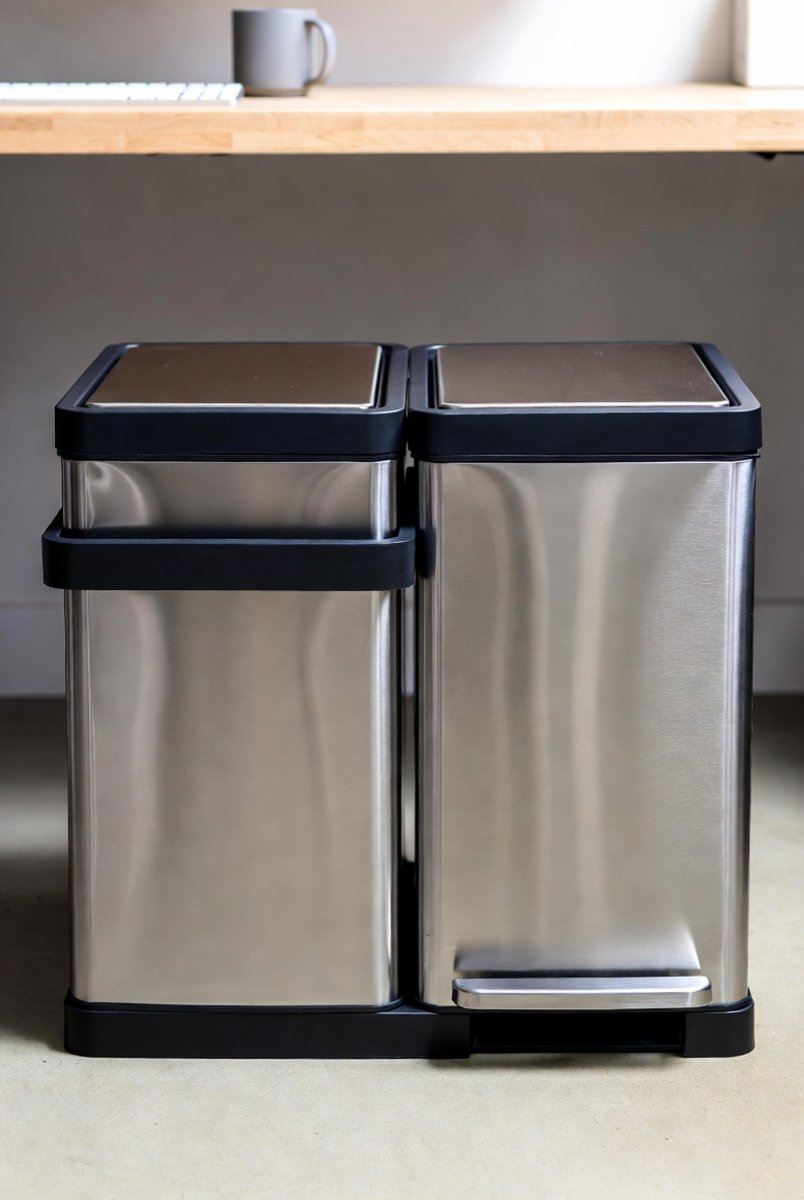 60L Afvalscheidingsprullenbak met 3 Vakken (30L+17L+13L) – RVS Pedaalemmer met Soft-Close Deksel, Anti-Vingerafdruk & Wielen + 40 Vuilniszakken – Zilver – Ganeey EcoSort Pro Ganeey