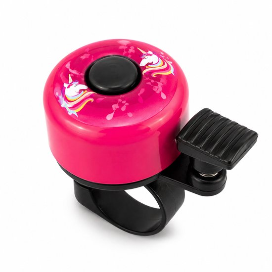 Roze fietsbel met eenhoornopdruk en zwarte hendel.