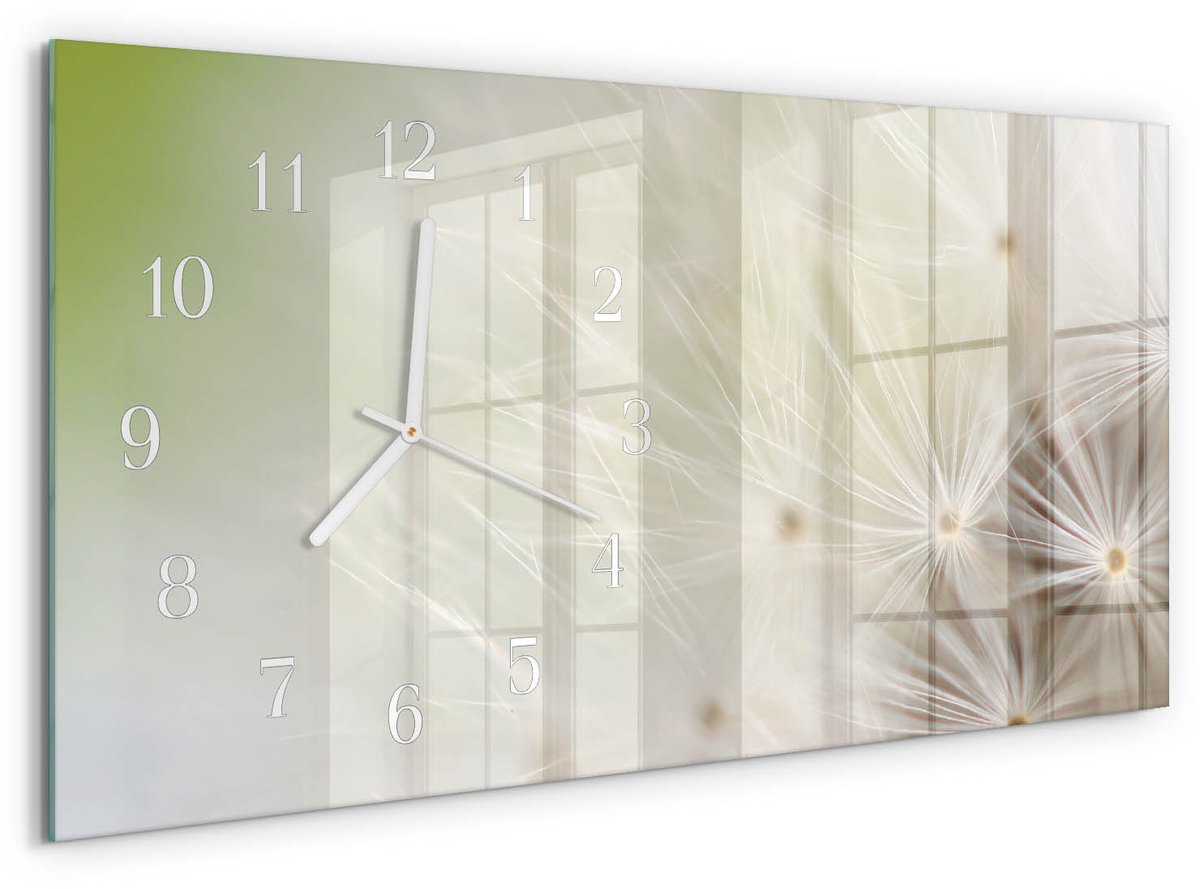 TULUP Wandklok - Paardebloem Glazen Wandklok Design - 60x30 cm - Romig Klok Glas Met Opdruk - Witte Handen - Rechthoekige Wandklok - Glazen Klok Met Print - Wandklok Glas Met Motief Romig - Paardebloem