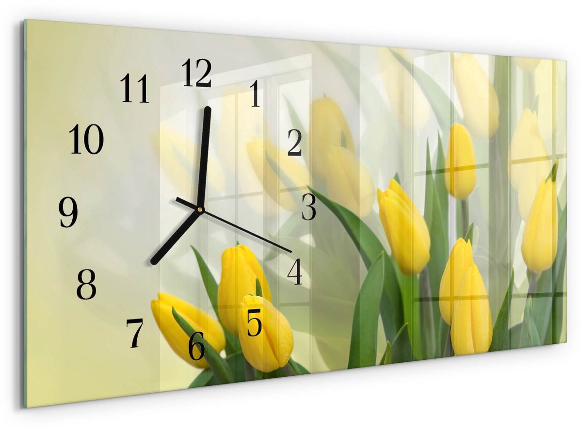 TULUP Wandklok - Tulpen Glazen Wandklok Design - 60x30 cm - Geel Klok Glas Met Opdruk - Zwarte Handen - Rechthoekige Wandklok - Moderne Wandklok Glas - Wandklok Glas Decoratie Geel - Tulpen