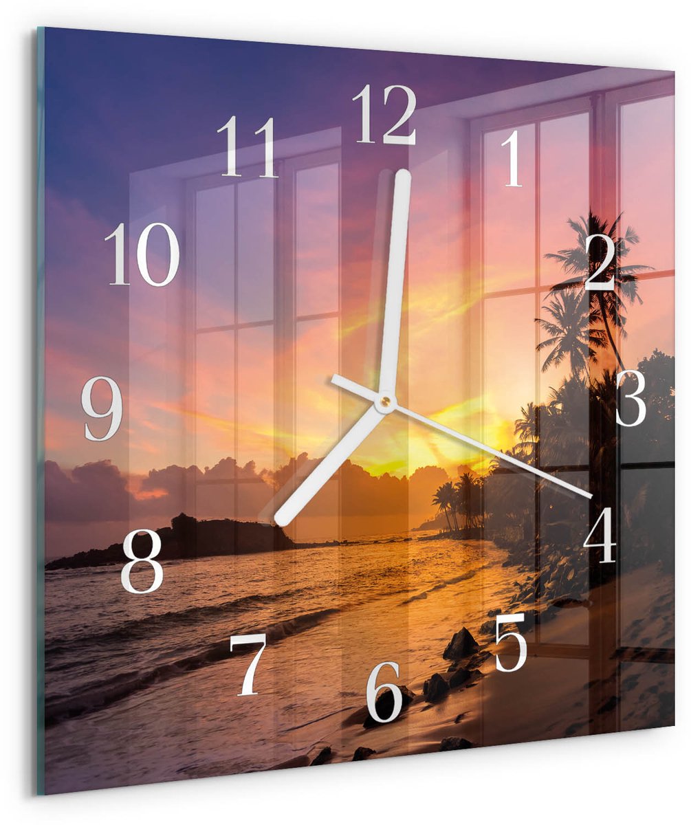 Tulup Wandklok - Zonsondergang Wandklok Glas Decoratie - 30x30 cm - Veelkleurig Gekleurde Glazen Klok - Witte Handen - Vierkante Wandklok - Glazen Klok Met Print - Wandklok Glas Met Motief