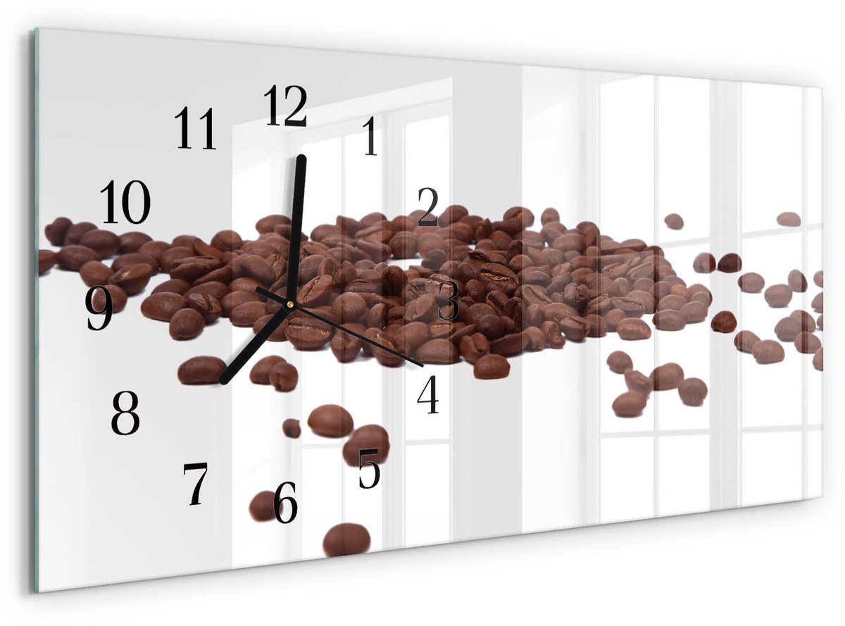 TULUP Wandklok - Koffiebonen Klok Glas Met Opdruk - 60x30 cm - Bruin Moderne Wandklok Glas - Zwarte Handen - Rechthoekige Wandklok - Glazen Klok Met Print - Wandklok Glas Met Motief