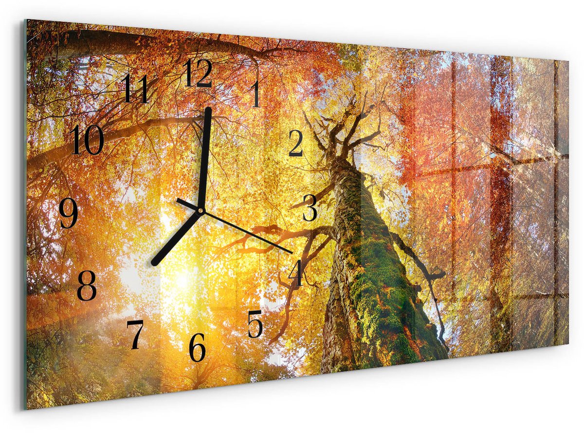 TULUP Wandklok - Herfst Glazen Klok Met Print - 60x30 cm - Geel Moderne Glazen Wandklok - Zwarte Handen - Rechthoekige Wandklok - Gekleurde Glazen Klok - Glazen Klok Met Print Geel - Herfst