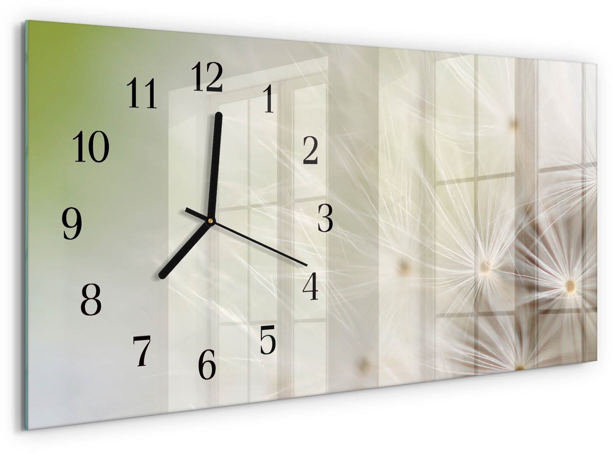 TULUP Wandklok - Paardebloem Moderne Glazen Wandklok - 60x30 cm - Romig Wandklok Glas Met Motief - Zwarte Handen - Rechthoekige Wandklok - Glazen Klok Met Print - Wandklok Glas Met Motief Romig - Paardebloem