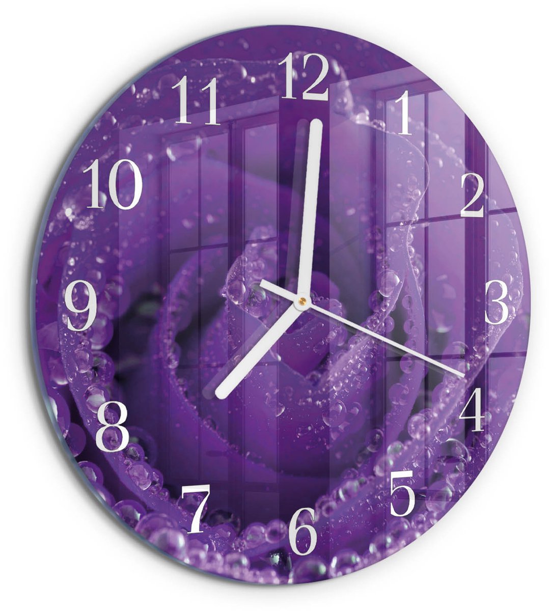TULUP Wandklok - Roos Glazen Wandklok Design - 30fi cm - Paars Klok Glas Met Opdruk - Witte Handen - Ronde Wandklok - Glazen Klok Met Print - Wandklok Glas Met Motief Paars - Roos