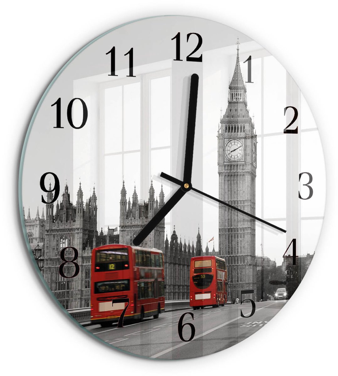 TULUP Wandklok - Londen Glazen Klok Met Print - 30fi cm - Rood Moderne Glazen Wandklok - Zwarte Handen - Ronde Wandklok - Gekleurde Glazen Klok - Glazen Klok Met Print Rood - Londen