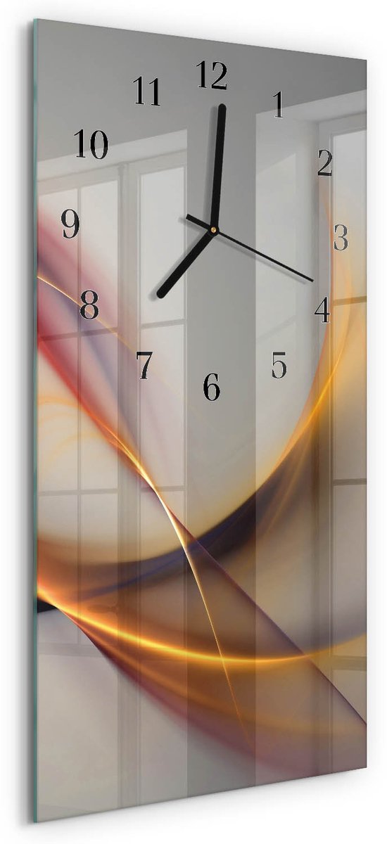 TULUP Wandklok - Abstractie Gekleurde Glazen Klok - 30x60 cm - Beige Glazen Klok Met Print - Zwarte Handen - Rechthoekige Wandklok - Decoratieve Glazen Klok - Glazen Wandklok Design Beige - Abstractie