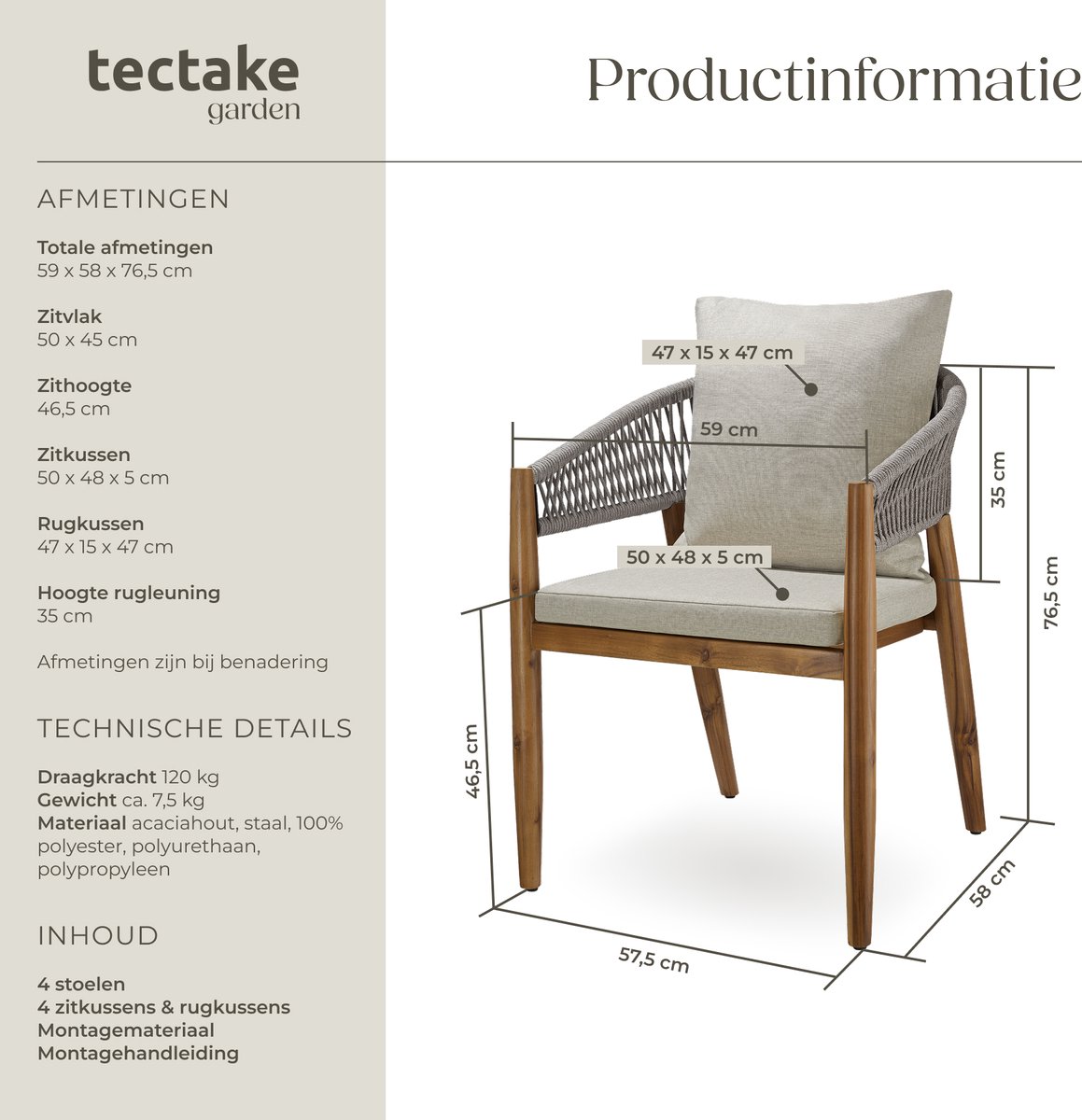 tectake® Set van 4 Tuinstoelen Manacor - Tuinstoel in Rope-Design - Balkonset - Weerbestendige Buitenstoel van Gelakt Acaciahout - Grijs/Beige - Stoelen voor Tuin, Balkon, Terras – foto 6