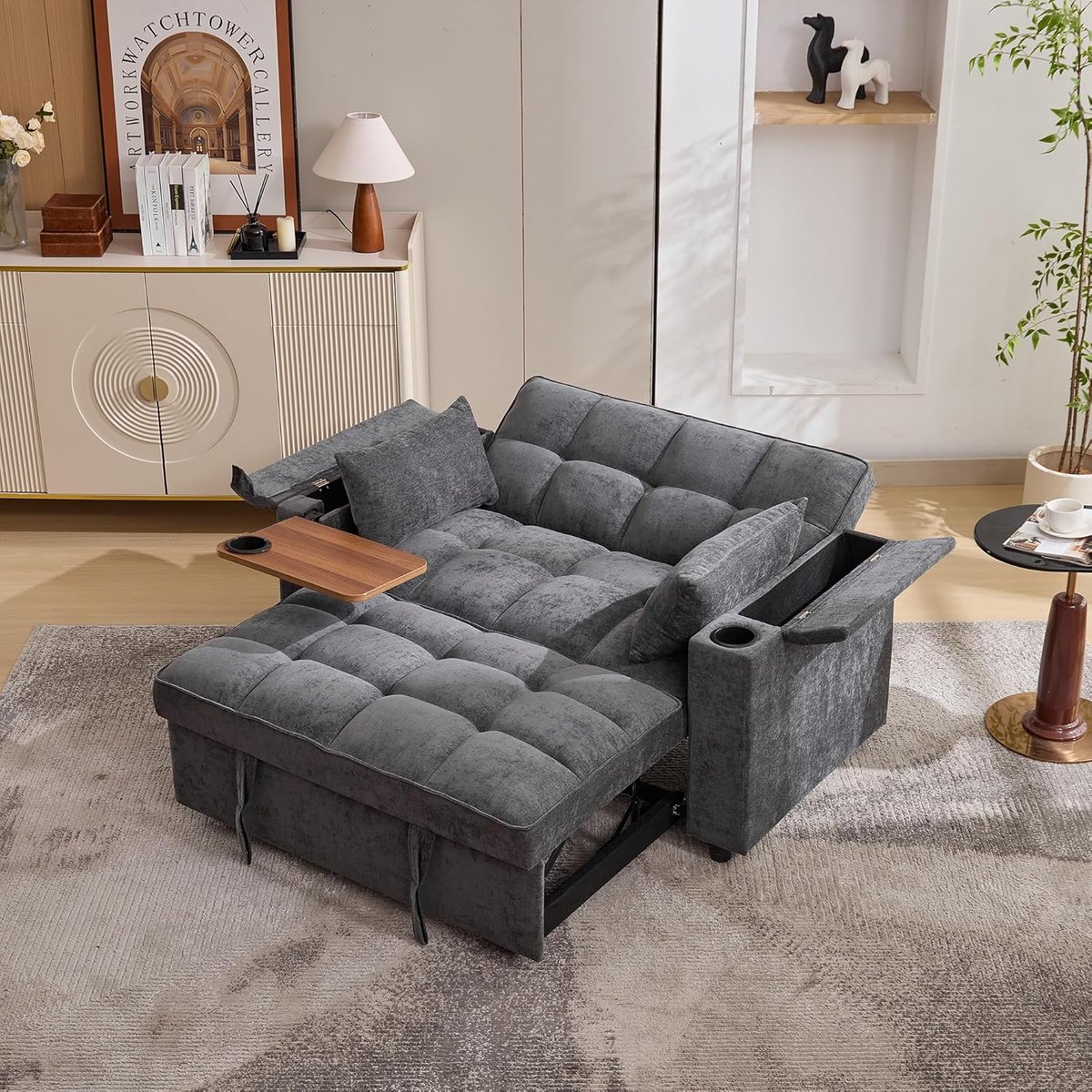 Luxora 3-in-1 Uittrekbare Slaapbank met USB & Verstelbare Rugleuning 140,5 x 74 x 82 cm – Moderne 2-zits Loungebank met Verborgen Tafel en Opbergruimte