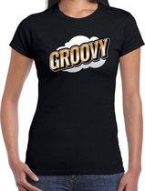 Groovy fun tekst t-shirt voor dames zwart in 3D effect M