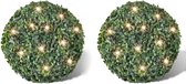 Ronde kunstbuxus 2 stuks - 100% PVC - Groen - 35 cm diameter - 24 LED lampjes - inclusief oplaadbare batterij