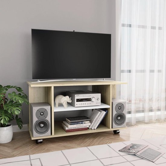 Tv-meubel met wieltjes 80x40x40 cm spaanplaat wit en sonoma