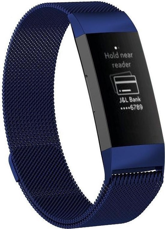 By Qubix geschikt voor Fitbit Charge 3 & 4 milanese bandje - Maat: Large - Donkerblauw - Smartwatch Band - Horlogeband - Polsband