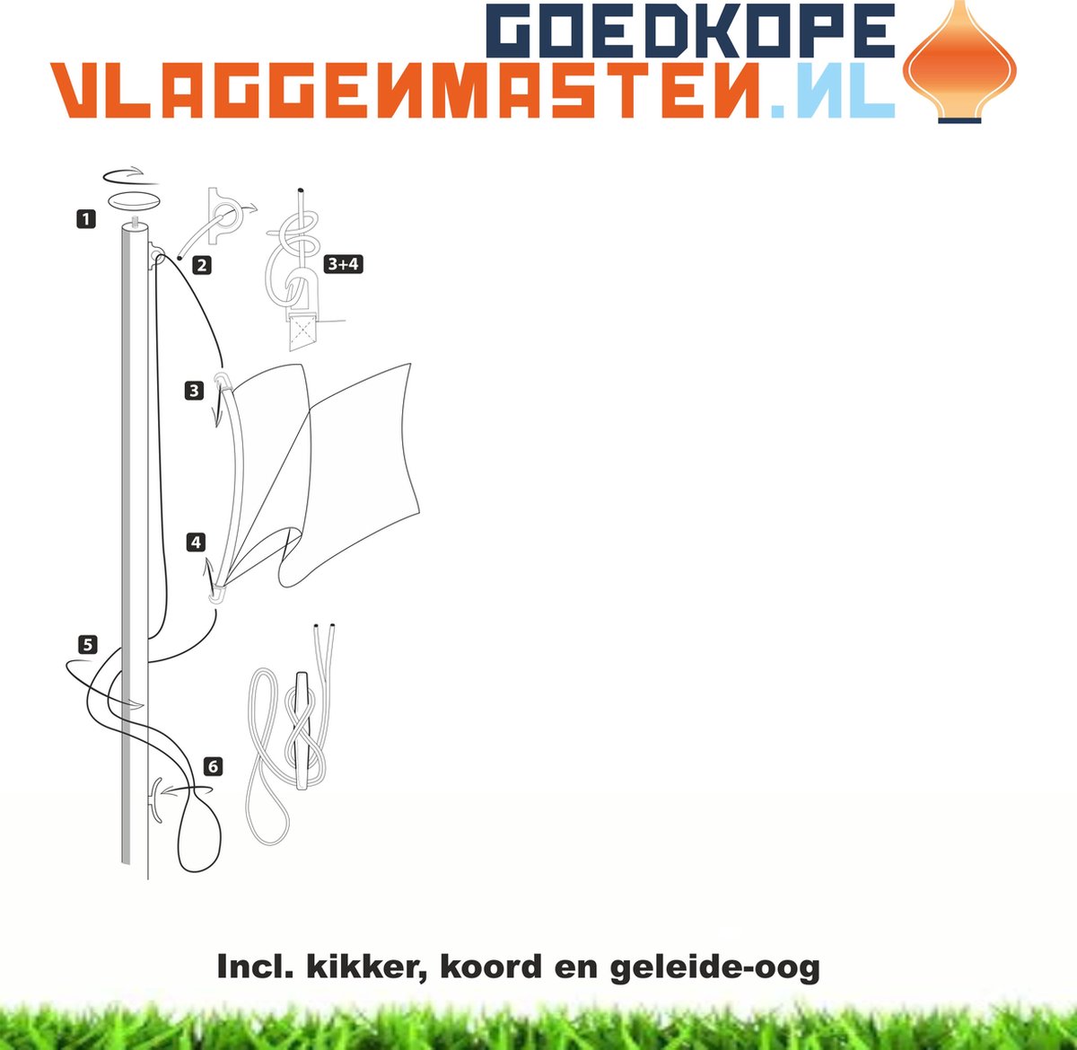 Vlaggenmast wit, 6 meter, diameter 100-60 mm. Aluminium conisch, wit gecoat incl. kikker, oranje knop, oog, koord, zonder grondbevestiging. Type BASIC 1206W1 - goedkope-vlaggenmasten.nl