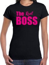 The real boss t-shirt zwart met roze letters voor dames - fun tekst shirts / grappige t-shirts L