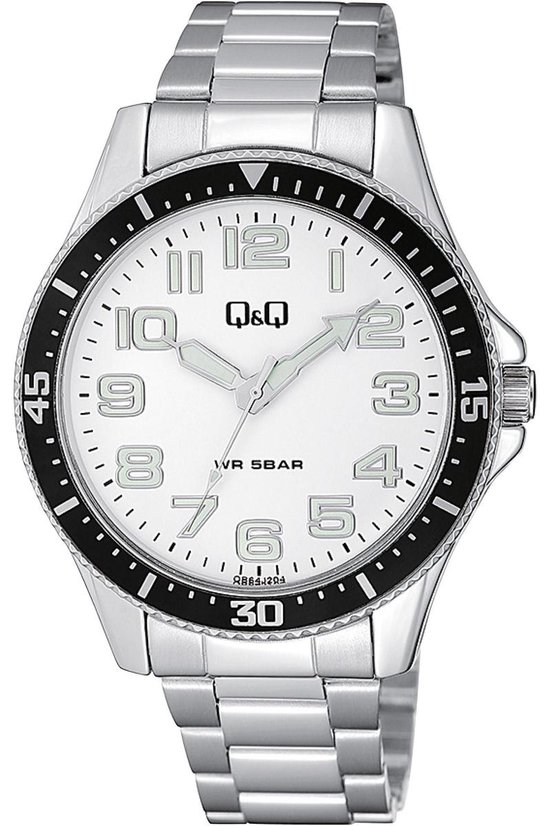 Q&Q QB64J204Y - Horloge - Analoog - Mannen - Heren - Stalen band - Rond - Metaal - Cijfers - Zilverkleurig - Zwart - Wit