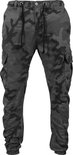 Donkergrijze cargobroek met camouflageprint, koordjes aan de taille en elastische enkelbanden.