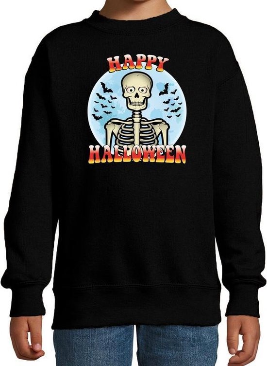 Halloween Happy Halloween skelet verkleed sweater zwart voor kinderen - horror skelet trui / kleding / kostuum 134/146