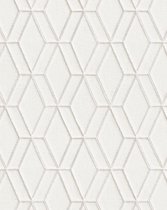 Grafisch behang Profhome DE120061-DI vliesbehang hardvinyl warmdruk in reliëf gestempeld met ruitvormig patroon glimmend wit zilver 5,33 m2